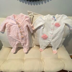 Pink and White Footies with Floral and Quilted Design